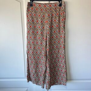Tahari Linen Wide Leg Geometric Print Pants Elastic Waist Boho Orange‎ Brown S